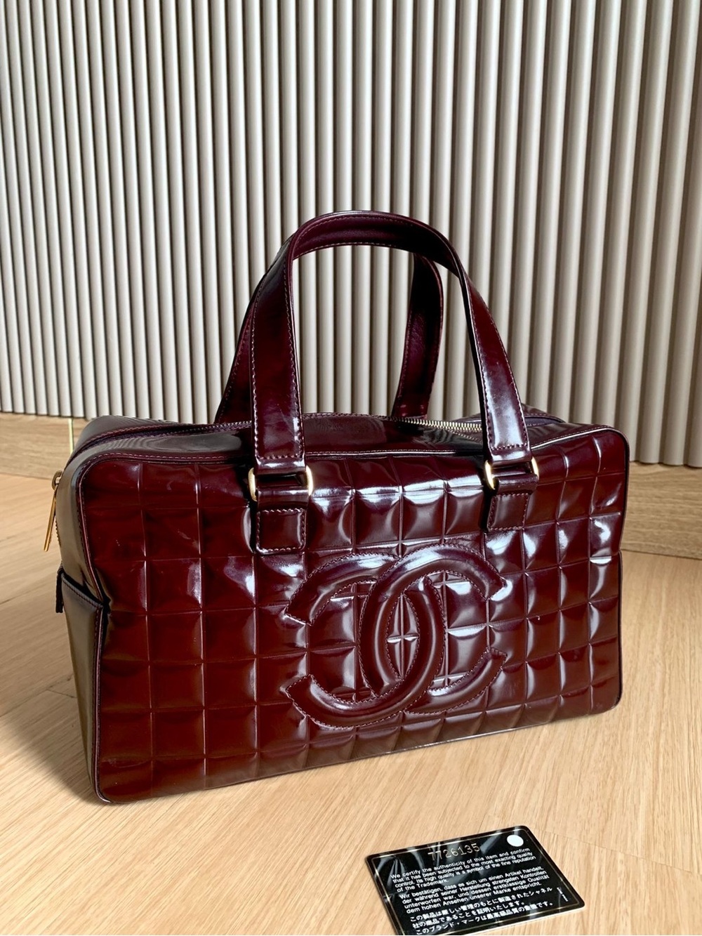 CHANEL Burgundy Quilted Patent Leather Satchel with CC Logo